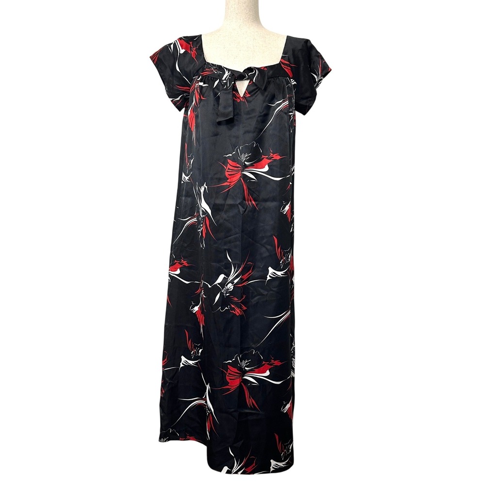 VTG 70s Nani Hawaii Floral Satin Muumuu Dress Black Maxi M Resort Lounge USA